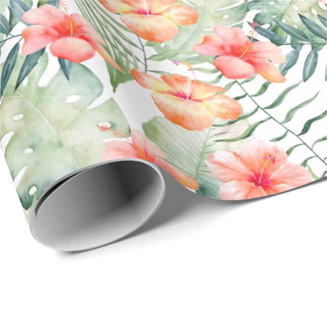 Tropical Pink Peach Hibiscus Floral Wrapping Paper (Roll Corner)