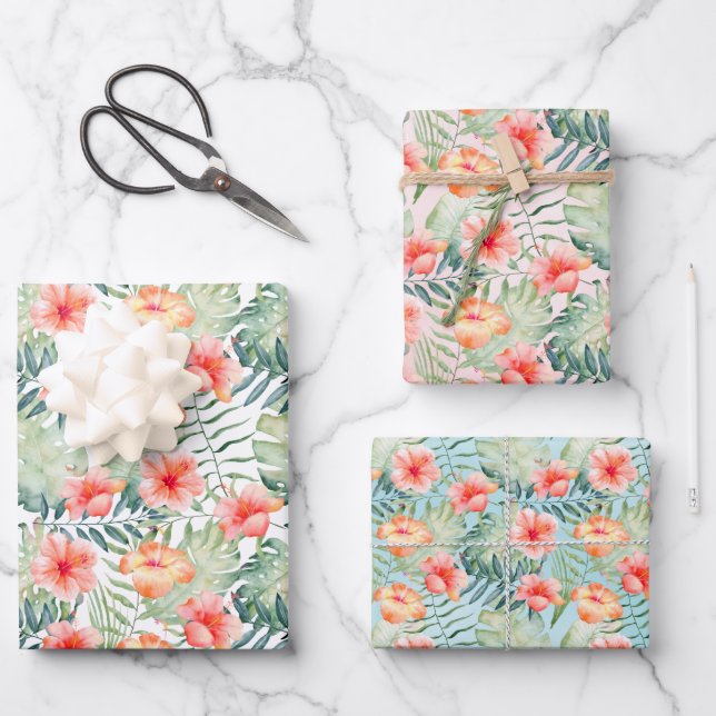 Tropical Pink Peach Hibiscus Floral   Wrapping Paper Sheet (Front)