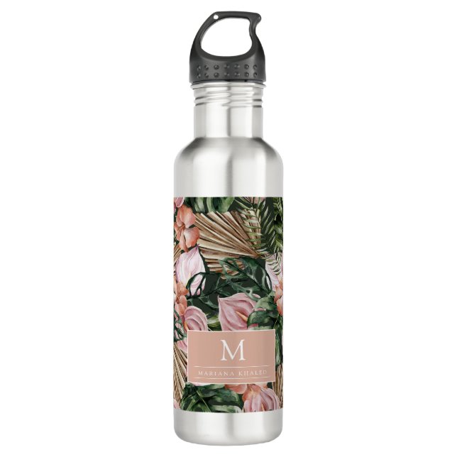 Tropical Pink Peache flowers leaves jungle  710 Ml Water Bottle (Front)
