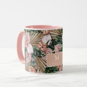 Tropical Pink Peache flowers leaves jungle  Mug