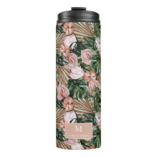 Tropical Pink Peache flowers leaves jungle  Thermal Tumbler