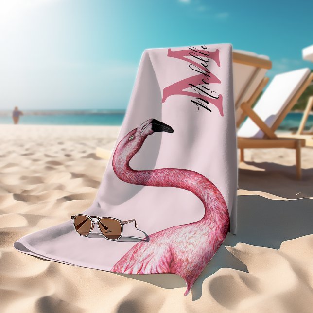 Tropical Pink Personalised Monogram Flamingo  Bath Towel (Creator Uploaded)
