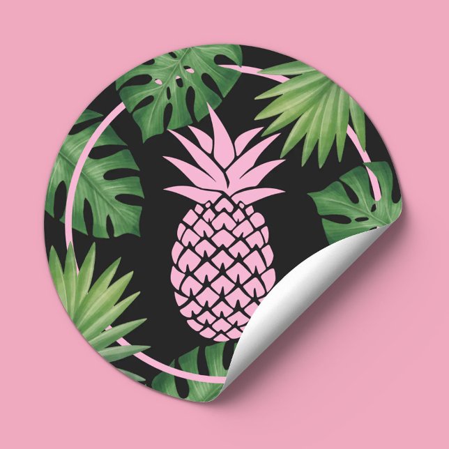 Tropical Pink Pineapple Beauty Salon & SPA Black Classic Round Sticker (Creator Uploaded)