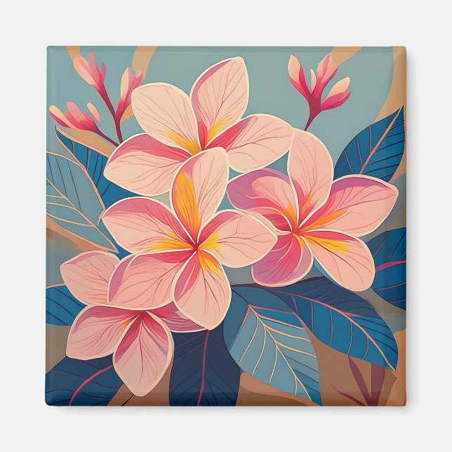 Tropical pink plumeria flower art magnet (Front)