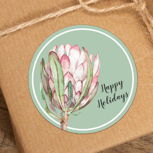 Tropical Pink Protea Floral on Mint Classic Round Sticker