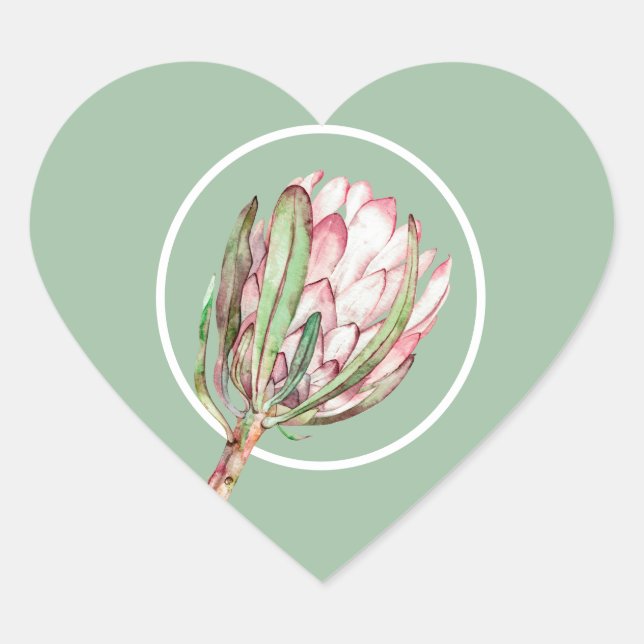 Tropical Pink Protea Floral on Mint Heart Sticker (Front)