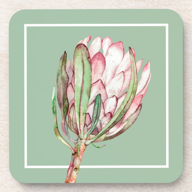 Tropical Pink Protea Floral on Mint Plastic Coaster (Front)