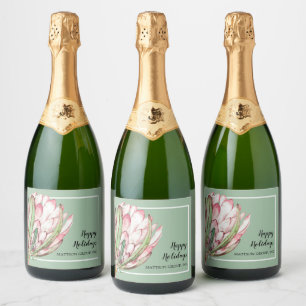 Tropical Pink Protea Floral on Mint Sparkling Wine Label