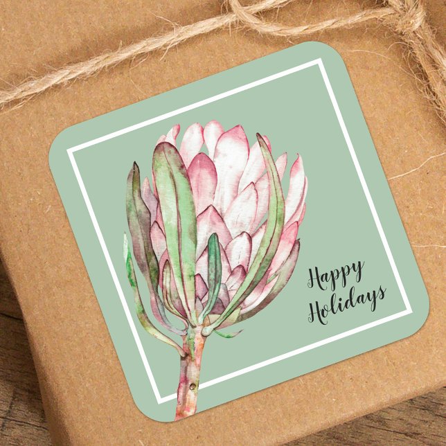 Tropical Pink Protea Floral on Mint Square Sticker (Creator Uploaded)