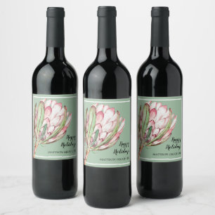 Tropical Pink Protea Floral on Mint Wine Label