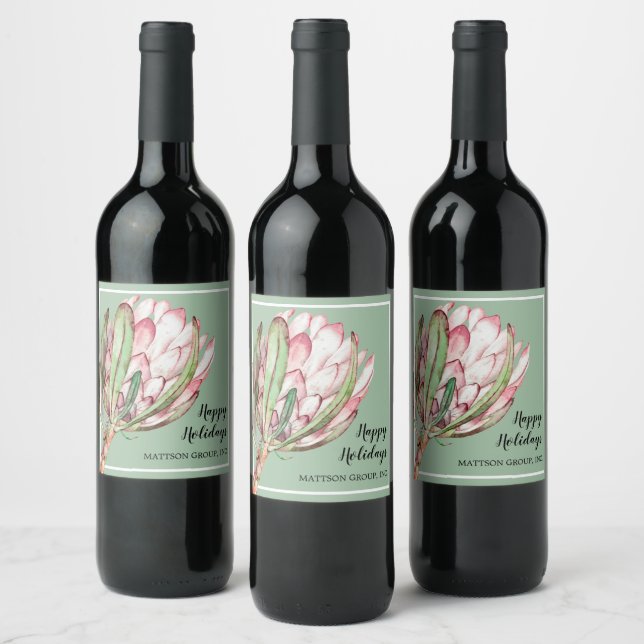 Tropical Pink Protea Floral on Mint Wine Label (Bottles)