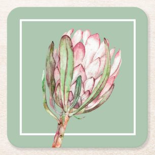 Tropical Pink Protea Floral Party Square Paper Coaster