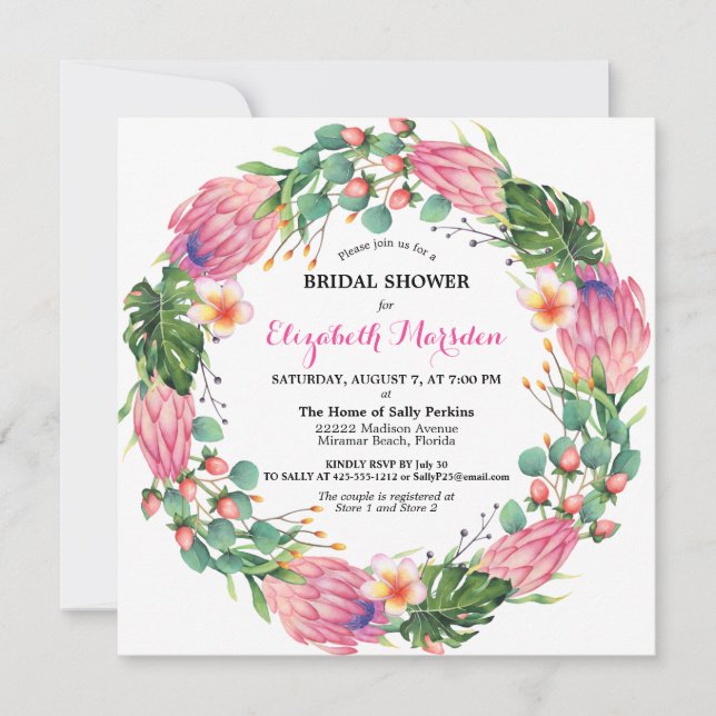 Tropical Pink Protea Greenery Floral Bridal Shower Invitation (Front)