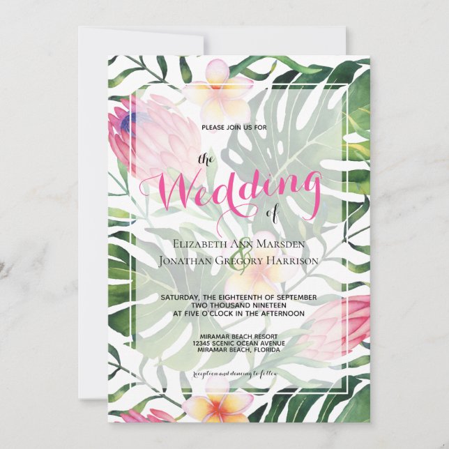 Tropical Pink Protea Greenery Floral Wedding Invitation (Front)