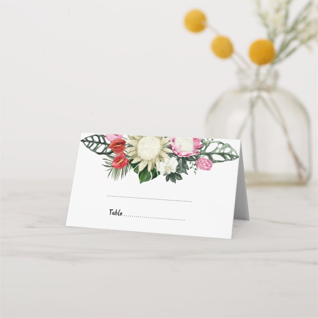 Tropical Pink Protea Monstera Leaf | Watercolor  Place Card (Front)