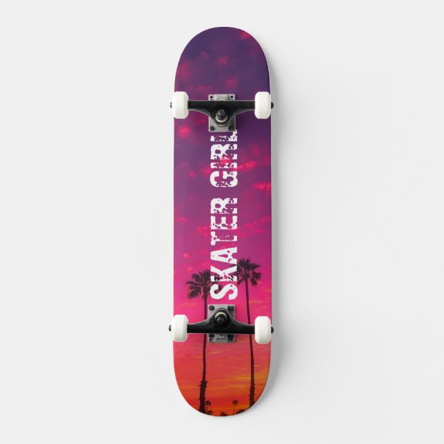 Tropical Pink Purple Beach Sunset Name Skateboard (Front)