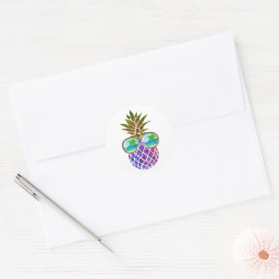 Tropical pink purple pineapple classic round sticker