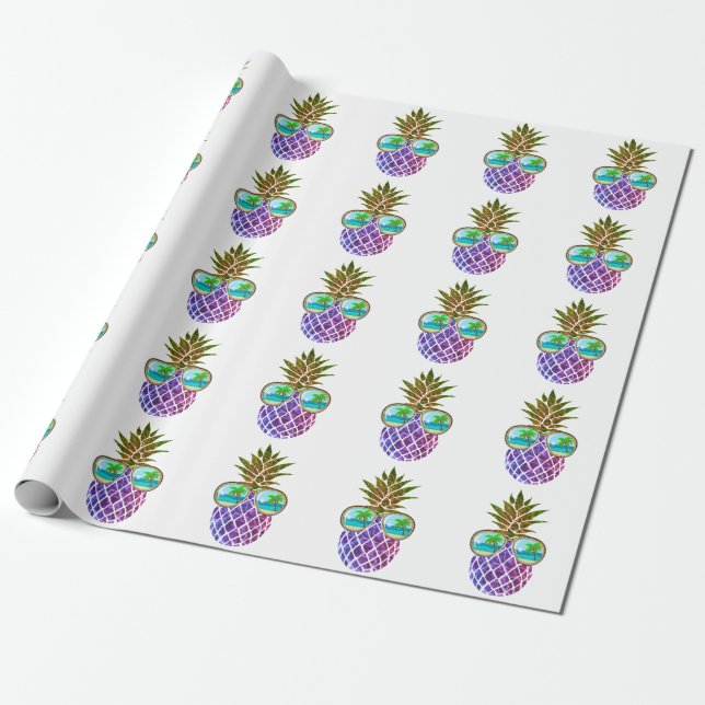 Tropical pink purple pineapple wrapping paper (Unrolled)