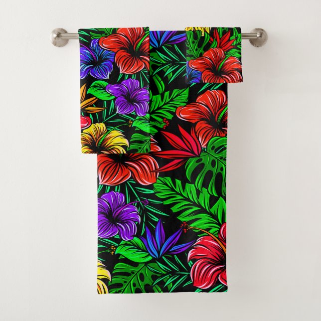 Tropical Pink Red Blue Yellow Hibiscus Flower Bath Towel Set (Insitu)