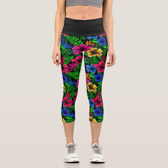 Tropical Pink Red Blue Yellow Hibiscus Flower Capri Leggings (Front)