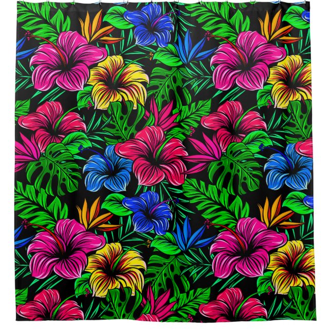 Tropical Pink Red Blue Yellow Hibiscus Flower Shower Curtain (Front)