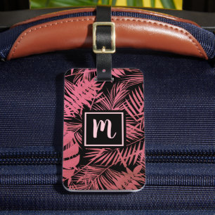 Tropical pink rose palm leaf modern monogram chic luggage tag