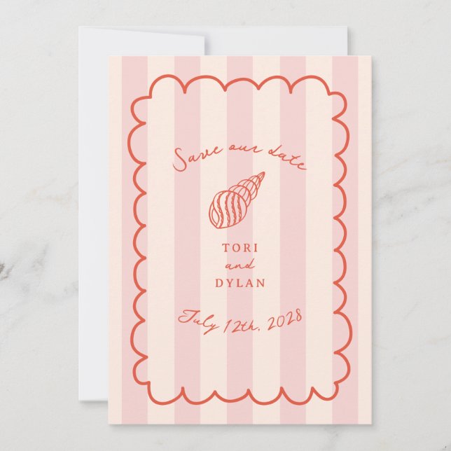 Tropical Pink Stripe Seashell Save The Date (Front)