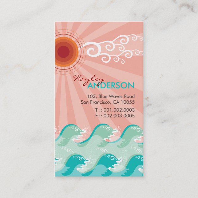 Tropical Pink Sun Aqua Waves Summer Beach Ocean Business Card (Front)
