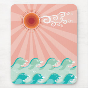 Tropical Pink Sun Aqua Waves Summer Beach Ocean Mouse Mat