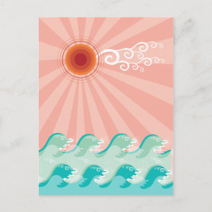 Tropical Pink Sun Aqua Waves Summer Beach Ocean Postcard