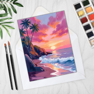 Tropical Pink Sunset Ocean Watercolor Card