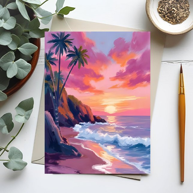 Tropical Pink Sunset Ocean Watercolor Postcard (Creator Uploaded)