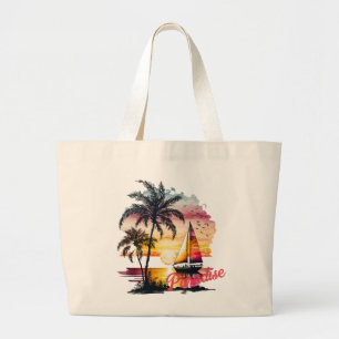 Tropical Pink Sunset Sailboat Palms Large Tote Bag