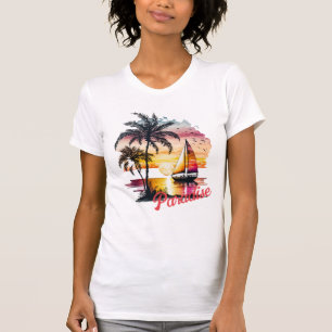 Tropical Pink Sunset Sailboat Palms T-Shirt