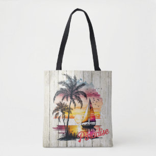 Tropical Pink Sunset Sailboat Palms Tote Bag