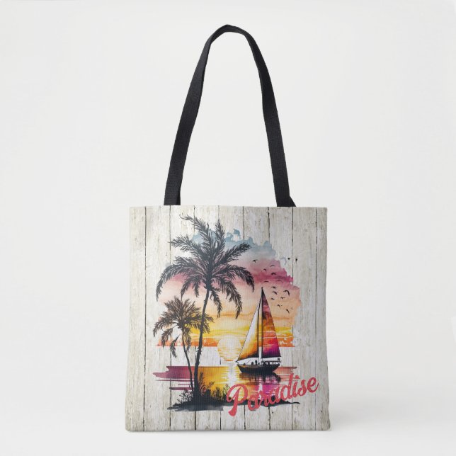 Tropical Pink Sunset Sailboat Palms  Tote Bag (Front)