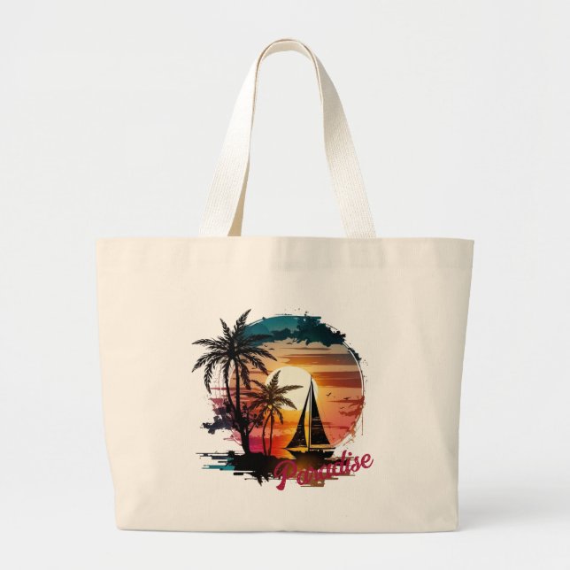 Tropical Pink Sunset Sailing Palms  Large Tote Bag (Front)