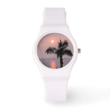 Tropical Pink Sunset Sky and Palm Sporty Watch