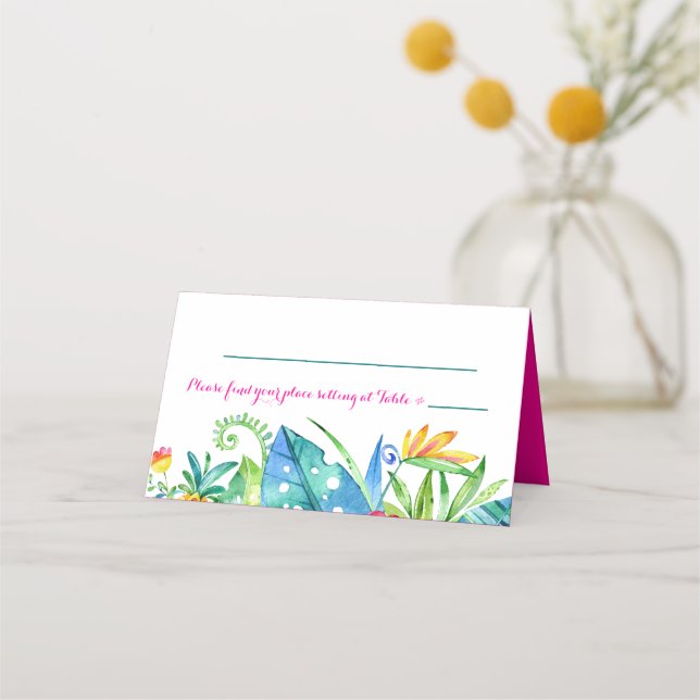 Tropical Pink Teal Floral Chevron Reception Place Card (Front)