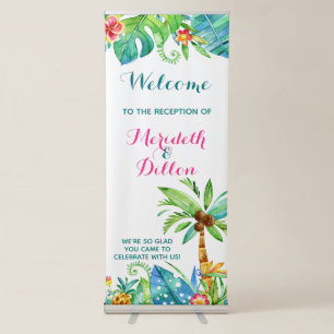 Tropical Pink Teal Floral Custom Event Welcome Retractable Banner