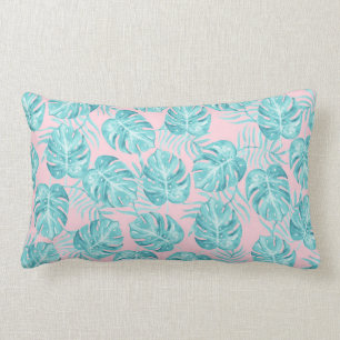Tropical pink teal watercolor monster leave floral lumbar cushion