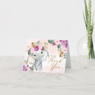 Tropical Pink Violet Elephant Baby Shower Birthday Thank You Card