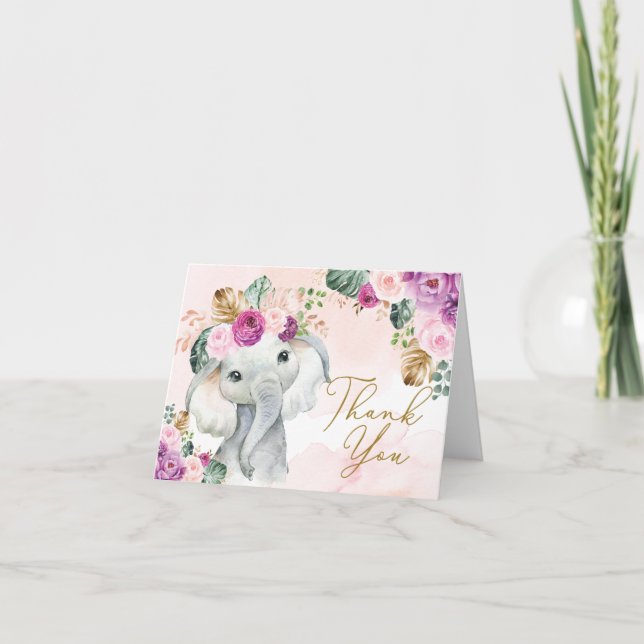 Tropical Pink Violet Elephant Baby Shower Birthday Thank You Card (Front)