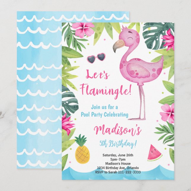 Tropical Pink Watercolor Flamingo Birthday Invite (Front/Back)