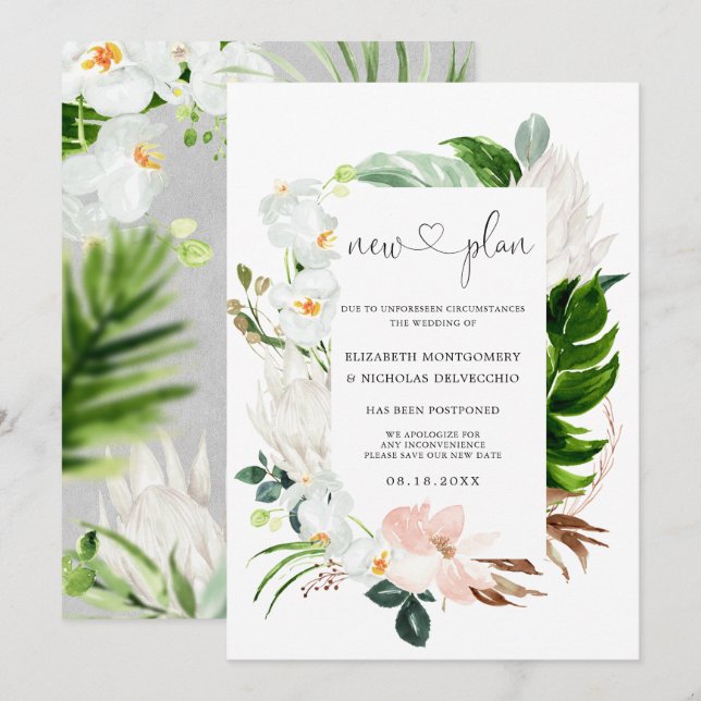 Tropical Pink White Floral | Postponed Wedding Invitation (Front/Back)