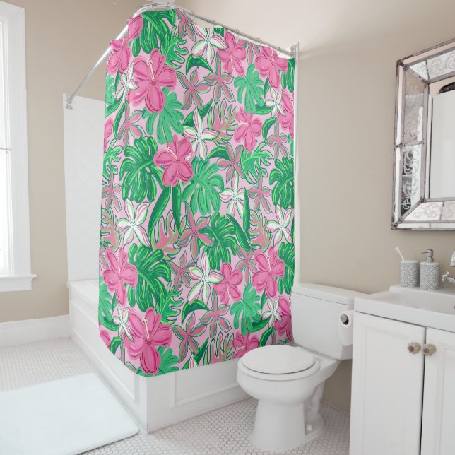 Tropical Pink White Flowers Palm Leaves Preppy Shower Curtain (In Situ)