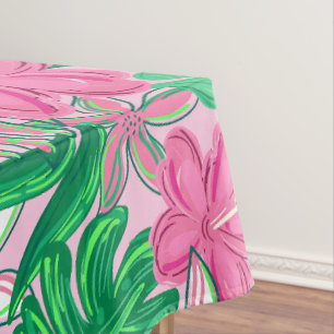 Tropical Pink White Flowers Palm Leaves Preppy Tablecloth