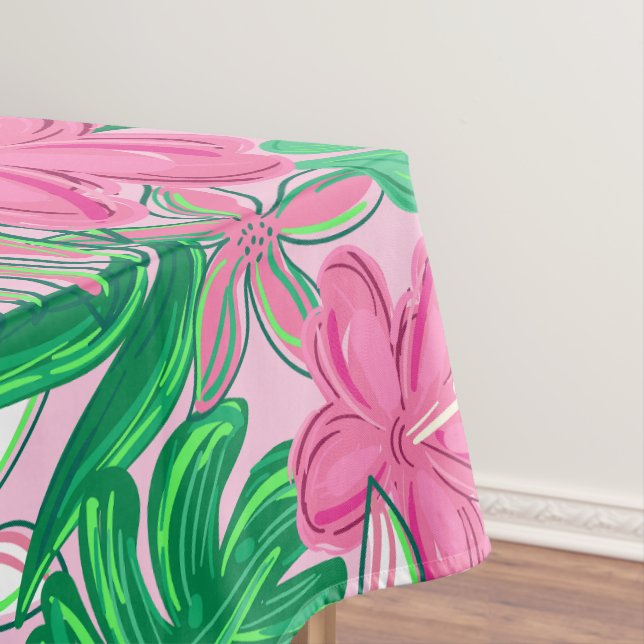 Tropical Pink White Flowers Palm Leaves Preppy Tablecloth (In Situ)