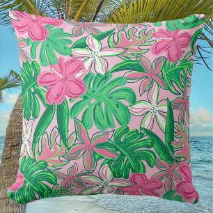 Tropical Pink White Flowers Preppy Floral  Cushion