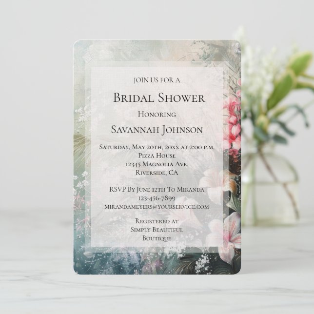 Tropical Pink White Hibiscus Floral Bridal Shower Invitation (Standing Front)